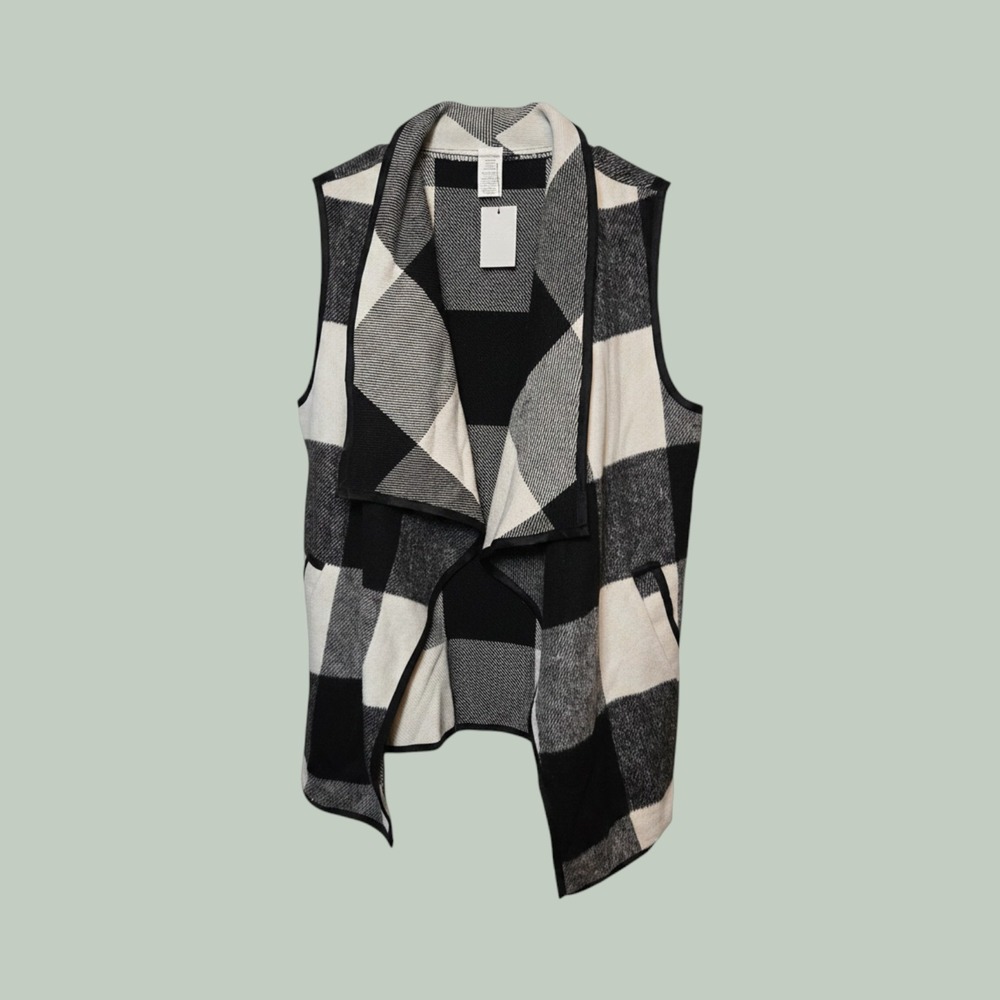 West Loop Womens Plaid Vest Black White Buffalo Check Open Front OS 356442